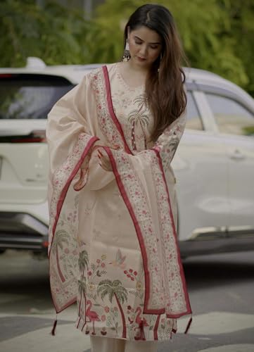 Image of VredeVogel Women's Beads Embroidered Silk Blend Kurta Pant Set with Organza Dupatta | Perfect for Festive & Casual Ethnic Kurta Set for Women
