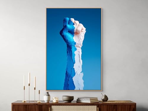 Peinture toile poing abstrait art mural moderne haut de gamme bleu blanc avec cadre bois