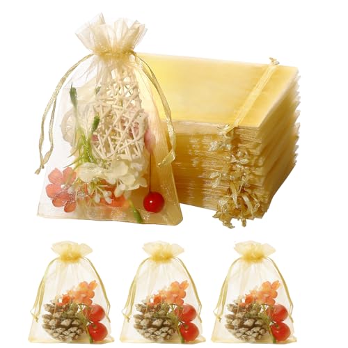 Image of Hopttreely 50pcs Organza Bags, Gold 4x4.72inch (10x12cm) Wedding Party Favor Gift Bag, Satin Drawstring Organza Pouch Jewelry Watch Bags, Mesh Gift Pouches Mini Candy Bags