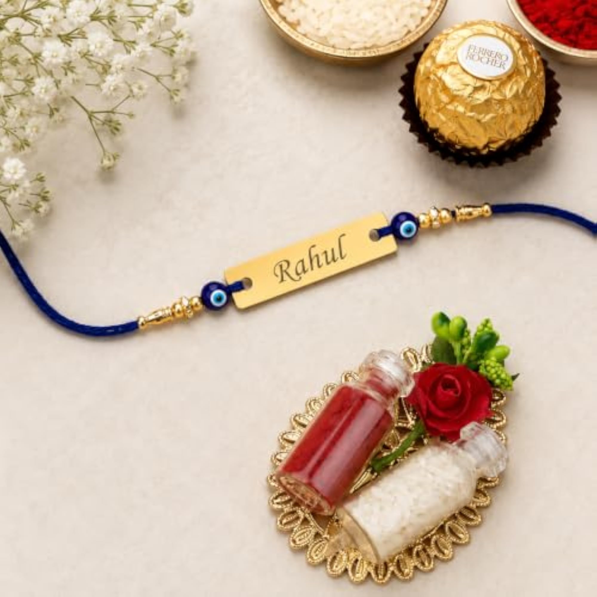 Personalized Evil Eye Rakhi for Brother, Engraved Metal