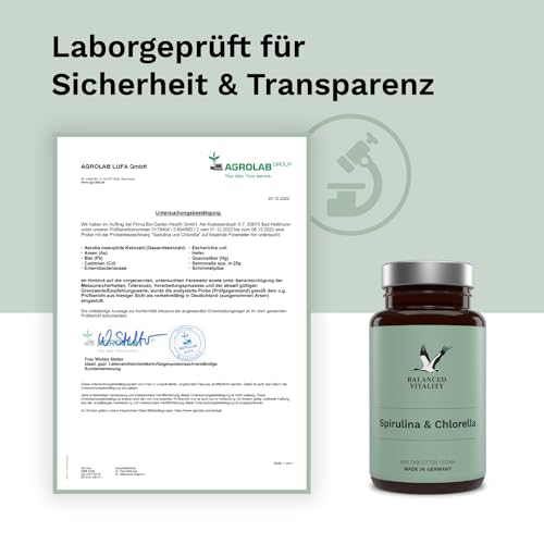 Spirulina und Chlorella 1600 mg - 600 vegane Presslinge für 2,5 Monate - Mikroalgen ohne Zusatzstoffe - Laborgeprüft - Balanced Vitality