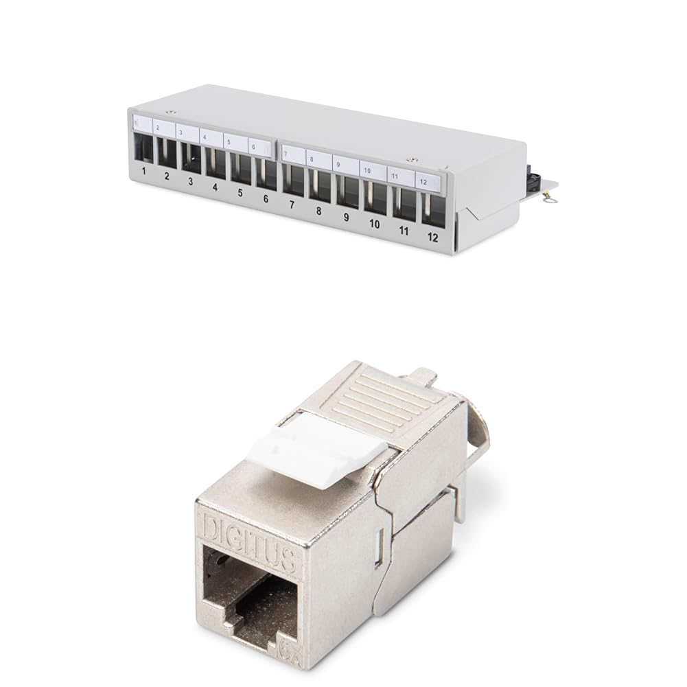 DIGITUS Set: Panel de interconexión - Modular - Sobremesa - 12 Puertos - Apantallado - Gris - con módulo Keystone 12x Cat6A