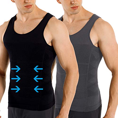 COOFANDY Men's 2 Pack Slimming Body Shaper Vest Compression Shirt Gym Workout Tank Top Sleeveless Abdomen Shapewear Black/Gray