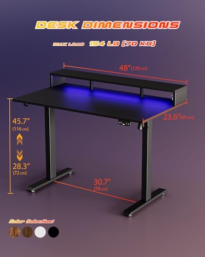 Image of Agilestic 48x24 Inch Electric Standing Desk with Shelf, Height Adjustable Desk with Power Outlets & LED, Sit Stand Up Table with Monitor Stand, Computer Workstation, Black
