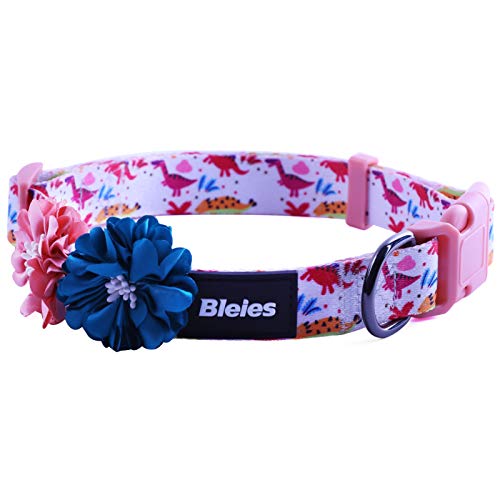 BLEIES Dog Collar with Removable Decoration Flower, Cute Puppy Collar, Girl Dog Collars for Small Medium Large Dogs (Dinosaur, M)