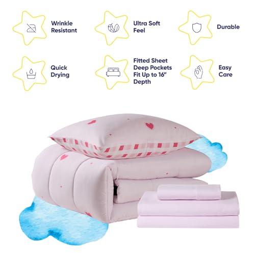 Image of Heart Comforter Set Twin Size for Girls - Soft Pink Bed in a Bag with Sheets, Pillowcases & Shams - Cute Kids Bedding with Love Hearts Design - Cozy Microfiber for Child or Tween Bedroom Decor