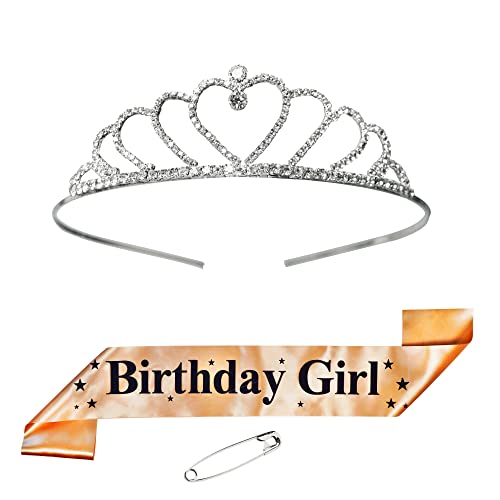 Image of DECOFY 3 Pc Birthday Set Black Sash Crown Tiara Taj Hairband for Kids Girls Women Princess Queen Dress Up Accessories Birthday Celebration Decoration Gift Set Elegant Fancy Royal Look