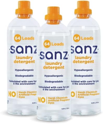 SANZ Liquid Laundry Detergent Free and Clear - Hypoallergenic for Sensitive Skin & Babies, High Performance Odor & Stain Remover, Artificial Fragrance Free, Standard or HE, Ultra Concentrated, 192 Loads (Pack of 3)
