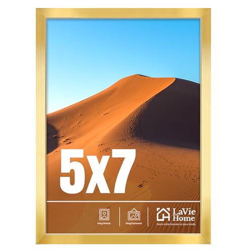 LaVie Home 5x7 Picture Frame for Wall Display, 5x7 Gold Picture Frame with HD Plexiglas, 5 x 7 Matted Frame 1 Pack, Display Frame for Vertical or Horizontal, Classic Collection