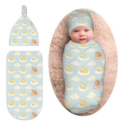 Image of Dragon Print Newborn Baby Swaddle Blanket Cloud Moon Star Baby Stuff,with Beanie hat Sets, Soft Gifts for Unisex Boys Girls Shower Infant