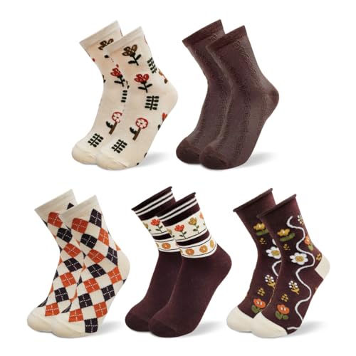 Image of HOMSSEM Floral Crew Socks - 5Pair Flower Graphic Soft Cotton Socks for Women, Teen Girls - for Sandals, - Cute Vibrant Colors