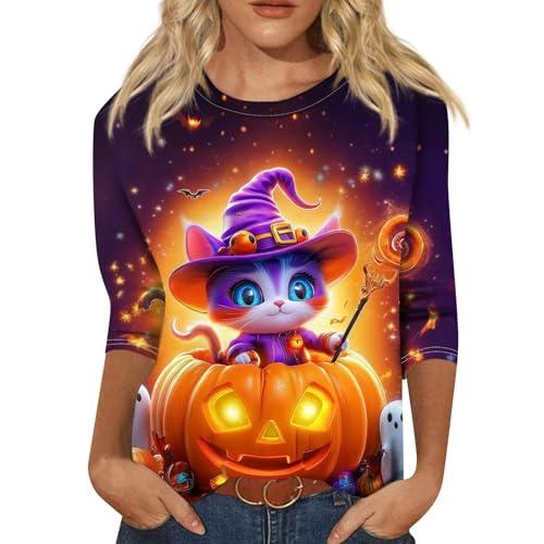 Cute Funny Halloween Shirts for Women Plus Size 3/4 Length Long Sleeve Womens Tops Witch Gothic Renaissance Shirt