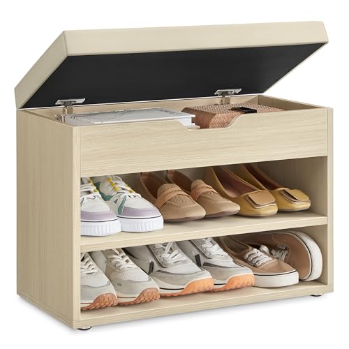 VASAGLE Banc à Chaussures, Meuble à Chaussures avec Siège Rembourré, 3 Compartiments et Assise...