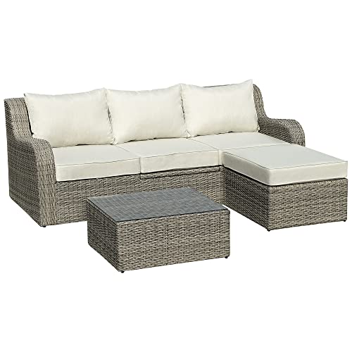Outsunny 3-TLG. Polyrattan Gartenmöbel Set Gartengarnitur Garten-Set Sitzgruppe Loungeset Loungemöbel mit Beistelltisch Kissen Aluminium Hellgrau+Beige