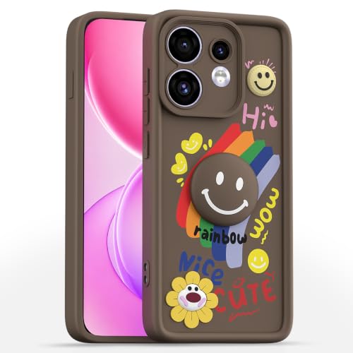 Image of Pikkme Back Cover for Oppo Reno 16 5G | Soft Silicone| Cute Rainbow Smile & 3D Cartoon Flower Design | Shockproof Raised Camera Protection Bumper Case (Brown)