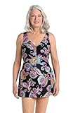 15 Amazingly Best Bathing Suits for Women over 60, from Tankinis to Athletic Swimsuits for 2026 7 Maxine Of Hollywood Women's Standard V-Neck Swim Dress One Piece Swimsuit, Black//Paisley Parade, 18 Plus