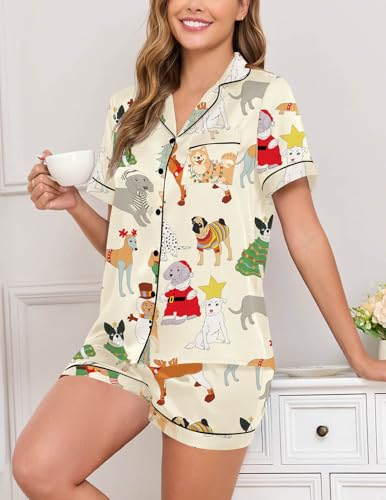 Image of Veseacky Women Satin Pajamas Set 2 Piece Button Down Short Sleeve Soft Sleepwear with Pockets