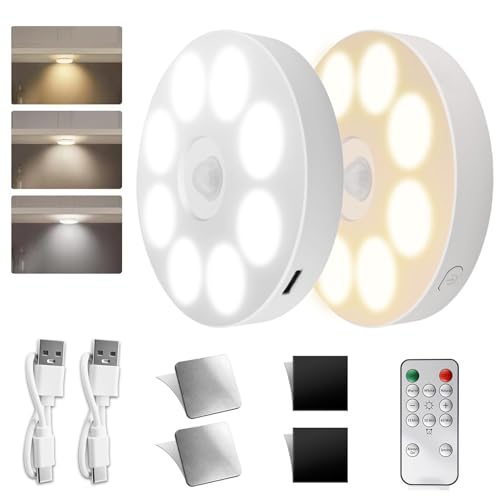 Inajoke - Juego de 2 luces LED con sensor de movimiento y mando a distancia, luz suave 3 colores, iluminación escaleras, dormitorio, cocina, armarios y habitaciones infantiles