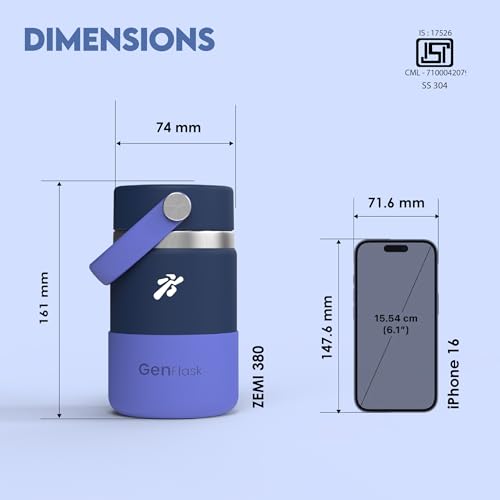 Image of VBOTT GENFLASK-ZEMI -380 ml|Thermosteel Flask with Carrying Loop| SS 304 Water Bottle|Hot /Cold-18 /24 hrs|Insulated Bottles|Dark Blue /Purple Colour|Multipurpose