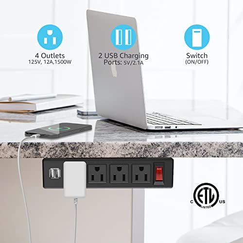 Hhsoet Under Desk Power Strip With 4 Outlets And Usb Ports, Under Desktop Charging Outlet Station, On Desk Mount Plug With 3M Adhesive, Underneath Table Mountable Power Outlet With 6 Ft Cord. (Black) #TOP2