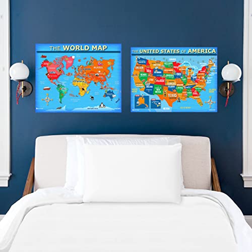 Usa And World Map Poster 2 Pack For Kids Laminated Large Illustrated Light Blue Young N Refined 15X20) #TOP4