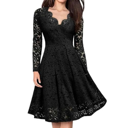 Vintage-Langarm-Spitzen-Partykleider für Damen, Sommer, Retro, lässig, A-Linie, Rockabilly, Elegantes Swing-Kleid mit V-Ausschnitt, 3XL-schwarzes...