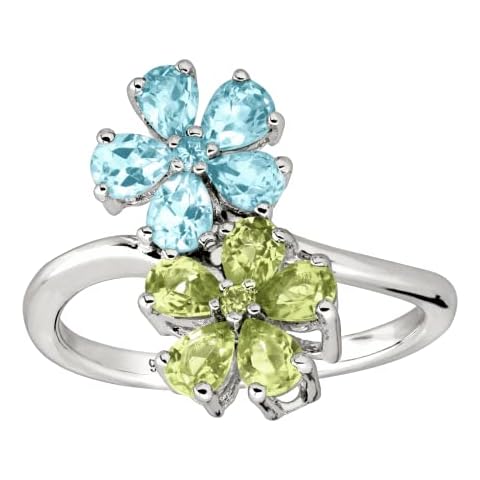 Finecraft 2 cttw Natural Swiss Blue Topaz & Peridot Flower Ring in Rhodium-Plated Sterling Silver, Size 7, Size 7 Cover