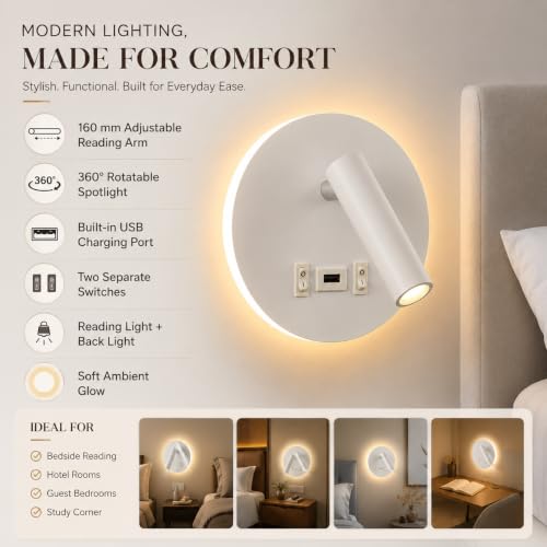 Image of Smartway Dexter White 12W Rotatable Bedside Wall Lamp - Modern Decorative Wall Light for Bedroom & Living Room, Premium Reading Lamp with USB Charging (Rotatable White)