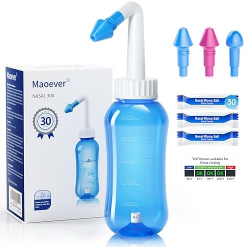 Nasendusche Set, Nasenspülkanne zur Nasenreinigung und Nasenspülung,BPA-frei, 301 ml, mit 30 Nasenwasch-Salzpaketen und Aufkleberthermometer