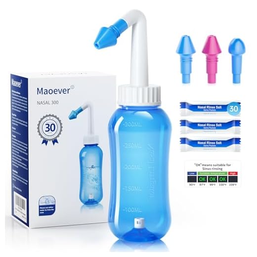 MAOEVER Neti Pot Sinus Rinse Bottle Nose Wash Cleaner Pressure Rinse Nasal Irrigation for Adult & Kid BPA Free 300 ML with 30 Nasal Wash Salt Packets and Sticker Thermometer(Blue)