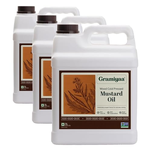 Image of Gramiyaa Cold Pressed Mustard Oil 5 Litre | Traditionally Extracted | Chemical-free, Zero Trans-fat Cooking Oil | Unrefined Oil | Kachi Ghani Sarso Oil for Cooking (Pack of 3)