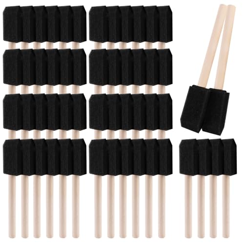 ZUFECY 60pc 1 inch Foam Brushes Wood Handle Sponge Applicators for Staining Varnishing Crafts & DIY Projects (Wood/Plastic Surfaces)