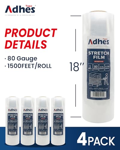 ADHES TAPE Stretchfolie Transparente Wickelfolie 457mm x 20um x 457m 4-Rollen Industrielle Stärke Kunststofffolie Schrumpffolie für Palettenverpackung, Versand, Umzug