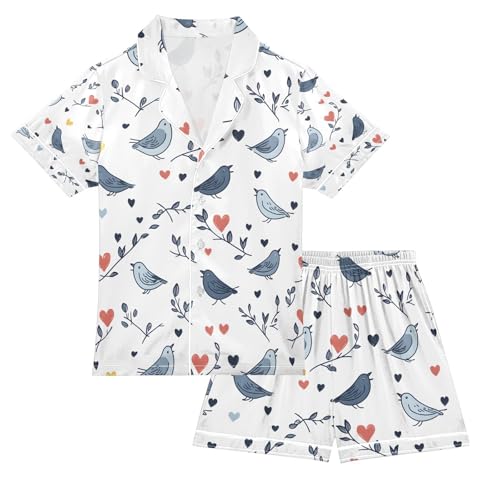 senya Birds and Branches Satin Summer Pajama Sets Silk Short Sleeve Button Down Sleepwear
