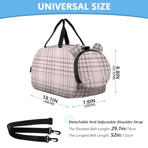 Rose Pink Plaid Kids Travel Duffel Bag for Boys Girls Overnight Weekend Tote Bag with Shoes Compartment for Beach Swim Trip3
