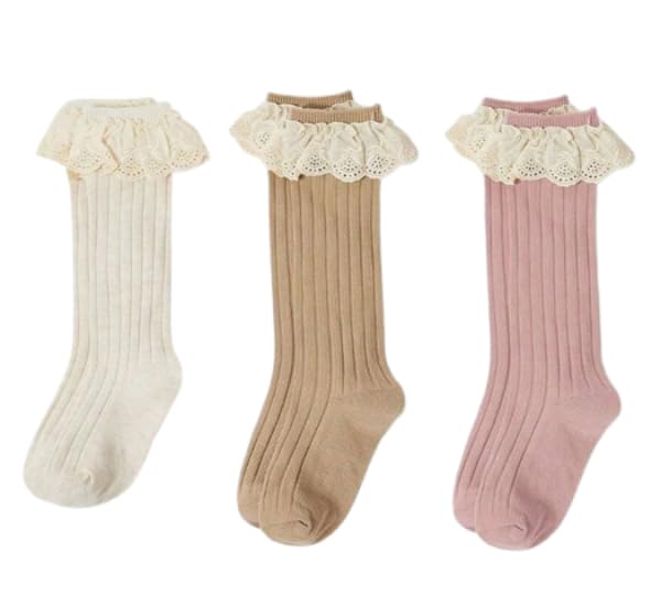 3 Pairs Kids Floral Lace Trim Solid Color Knee High Socks, Cute And Sweet For Girls' Everyday Wear, Autumn Summer Spring
