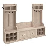 Bush Furniture Woodland Entryway Storage Set with Hall Trees and Shoe Bench with Doors | Mudroom Organizer for Footwear, Clothing, Small, White Washed Maple