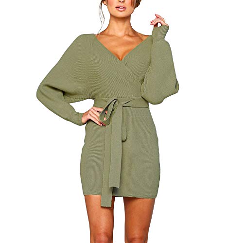 Shakumy Women Elegant Sexy V Neck Wrap Belted Batwing Long Sleeve Tunic Tops Dress Pencil Bodycon Knitted Mini Sweater Dress