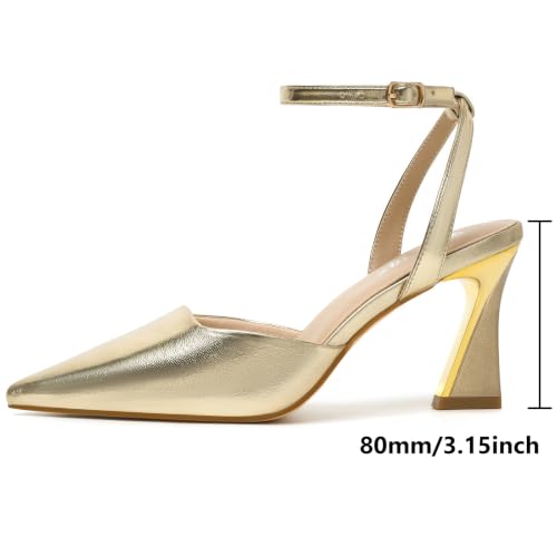 Image of RIBONGZ Comfortable Kitten Heels for Women Pointed Closed Toe Ankle Strap Buckle Heels Slip on Low Heel Church Pumps Wedding Bridal Party Dressy Shoes