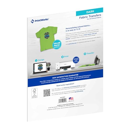 PrintWorks Iron on Heat Transfer Paper for Inkjet Printer - Printable Heat Transfer Vinyl for Dark Fabric (Printable HTV) - 8.5" x 11" - 20 Sheets - Made in The USA - Iron on Vinyl (00545)