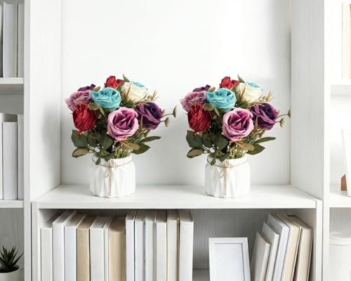 Image of Dekorly Artificial Lavender Plant in White Pot, 18cm - Realistic Faux Flower Arrangement for Home & Office Decor (Set of 1) (2, Big Rose)