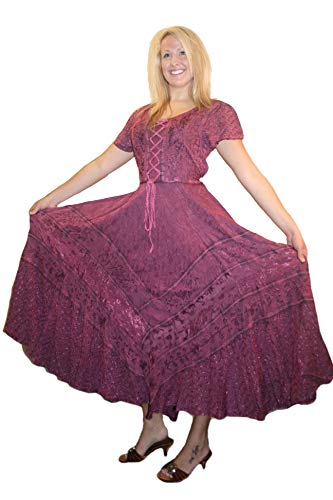 Agan Traders Women's 2025 Winter Bohemian Gothic Flared Short Sleeve Embroidered Corset Tea Length Dress Gown (1001 DR, 3X, Bur)