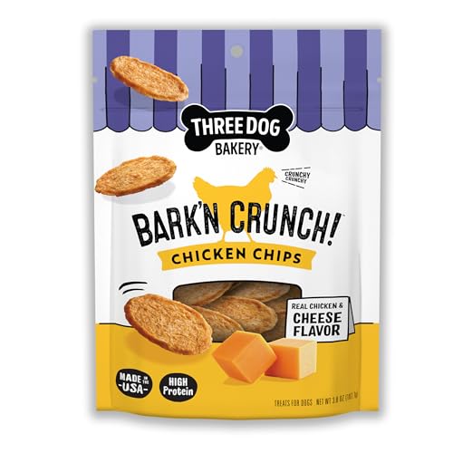 Three Dog Bakery BarkN Crunch! Chicken & Cheese Chips with 100% Real Chicken - 3.8 oz - Crunchy Treats for Dogs - High Protein Dog Snacks - Grain Free No Corn or Soy Limited Ingredient Treats
