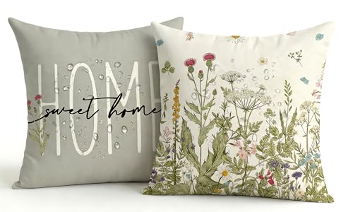 2er Set Wasserdichter Outdoor Kissenbezug 45x45 Grau Grünpflanzen Design Gartenkissen Sommer Modern Dekokissen Doppelseitig & Muster Leinen-Polyester für Balkon Garten Sofa Couch Wohnzimmer