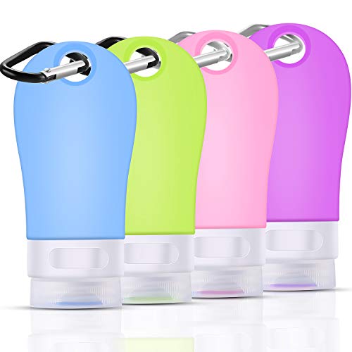 4 Pieces Silicone Travel Bottle Keychain Set Portable Liquid Bottle with Keychain Leak-proof Refillable Empty Bottle Container for Toiletry, Shampoo, Liquid, Cosmetic, 2 oz, Pink, Blue, Green, Purple