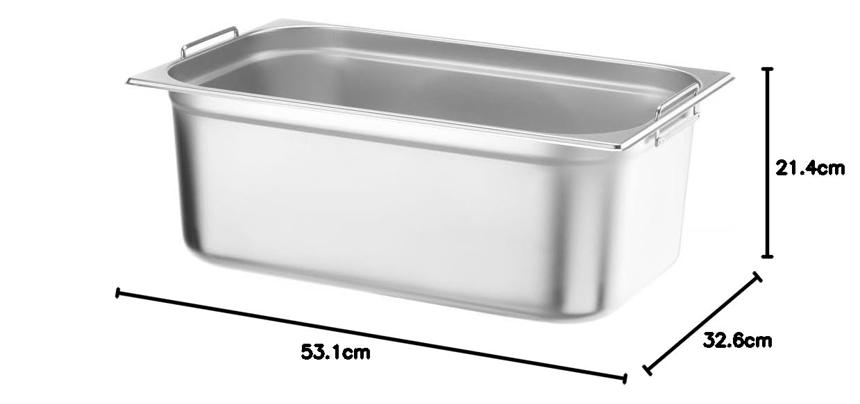 HENDI Recipiente Gastronorm GN 1/1 con asas, Budget Line, resistencia térmica -40 °C a 250 °C, apto para horno y baño maría, 28L, 530x325x(H) 200mm, acero inoxidable