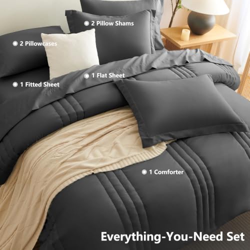 Image of CozyLux Oversized King Comforter Set Dark Grey - 7 Pieces Bed in a Bag, Modern Vertical Quilted Room Decor, Soft All-Season Bedding Gift with Comforter, Sheets, Pillowcases & Shams