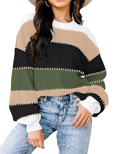 Image of Womens Sweaters Fall Fashion 2026 Color Block Oversized Pullover Knit Tops