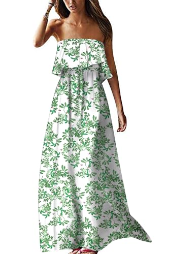 Image of ZMPSIISA Women's Summer Off The Shoulder Maxi Dress Ruffle Strapless Blue White Porcelain Boho Casual Loose Long Dresses