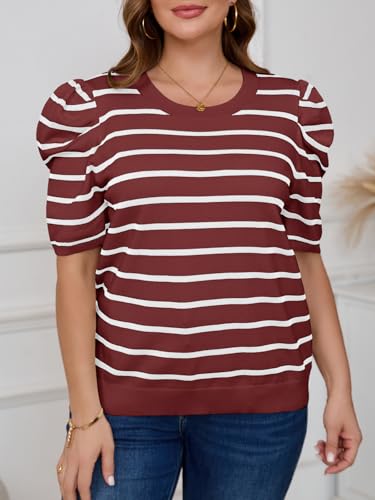 Image of Beautife Womens Plus Size Short Puff Sleeve Sweater Tops Lightweight Striped T Shirts Summer Casual Crew Neck Knit Pullover Wine Red